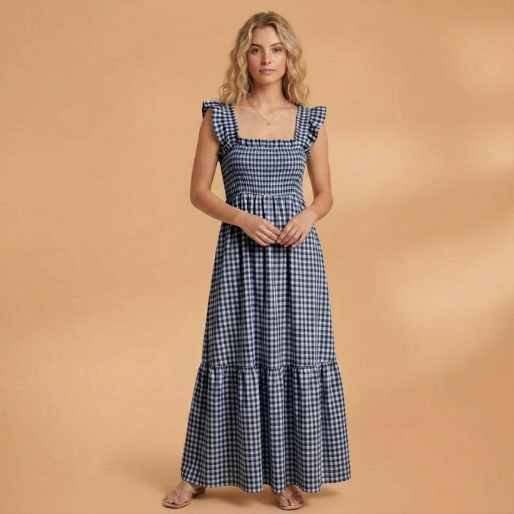 Dulce | Vestido Comprido Xadrez Mulher Alças Folhos