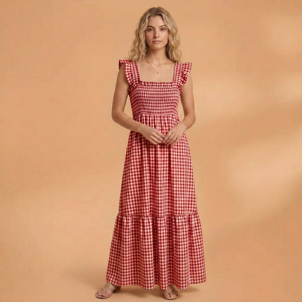 Dulce | Vestido Comprido Xadrez Mulher Alças Folhos