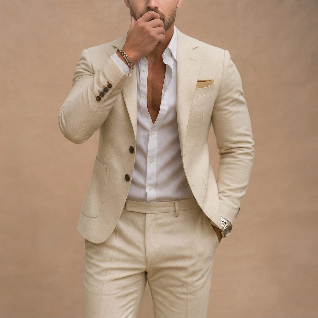 Fato de Linho Slim Fit Homem Blazer e Calças Conjunto