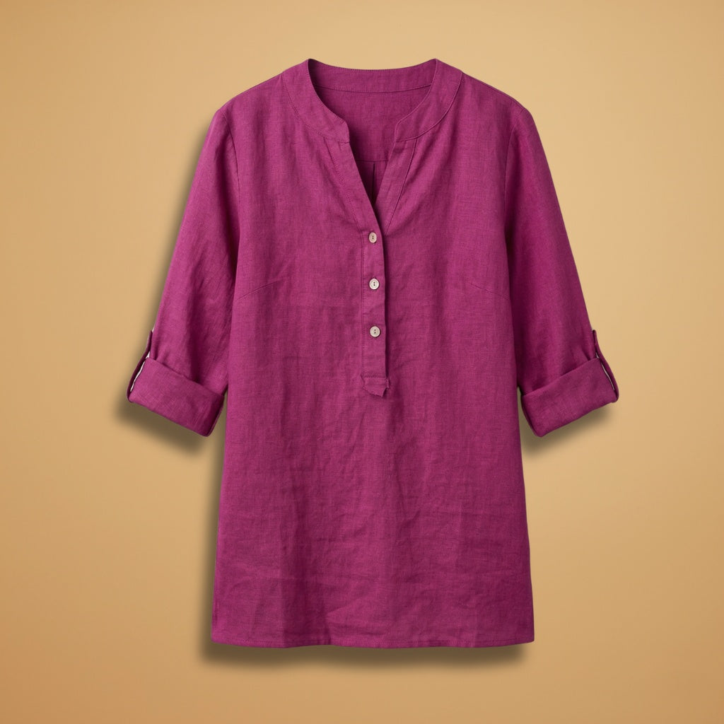 Fernanda | Blusa de Linho Decote V Mulher Manga Rolável