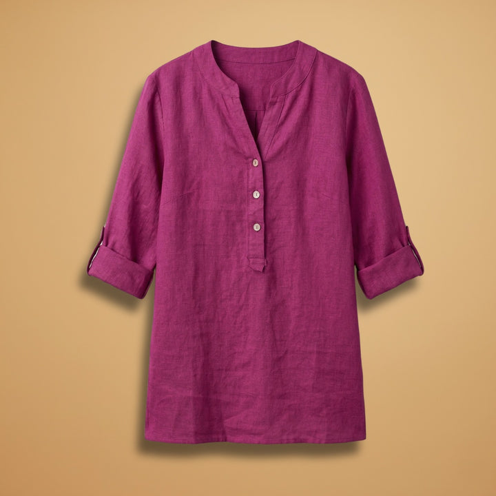 Fernanda | Blusa de Linho Decote V Mulher Manga Rolável
