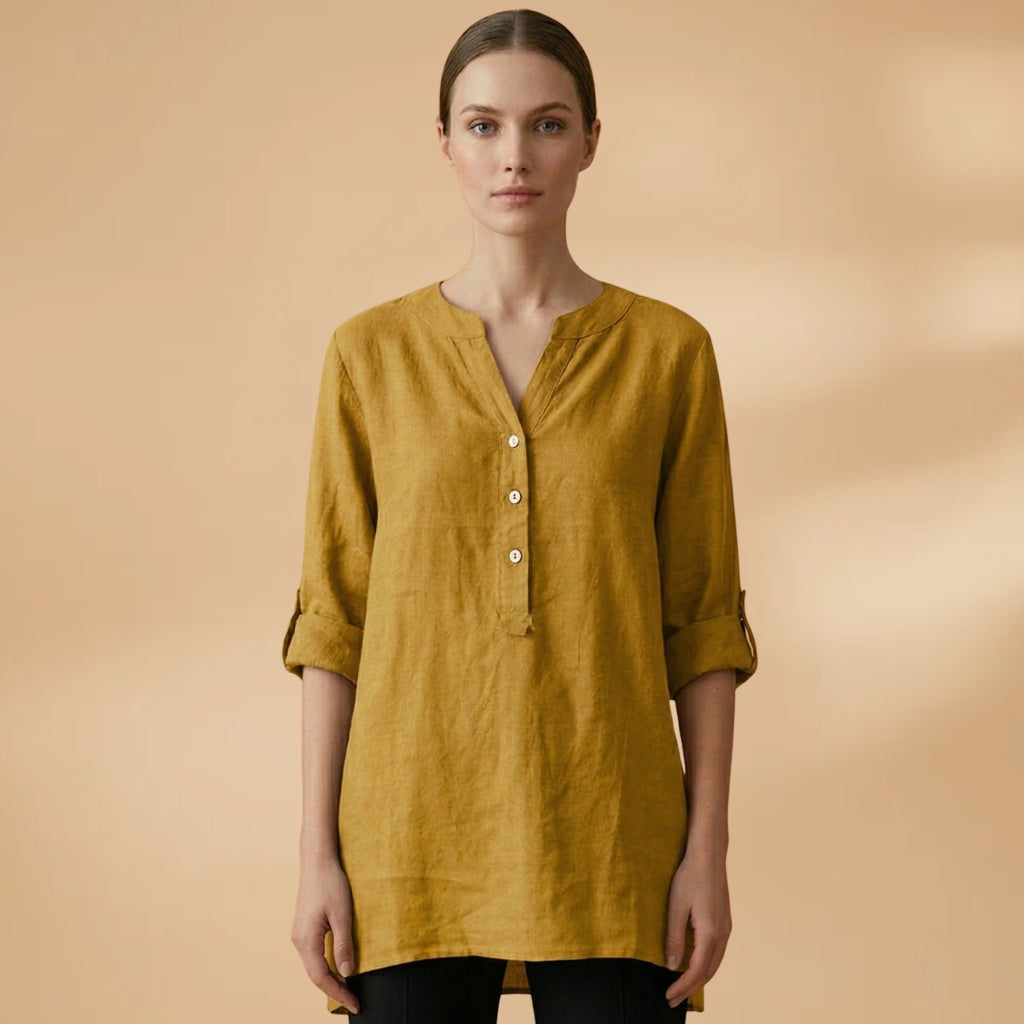 Fernanda | Blusa de Linho Decote V Mulher Manga Rolável