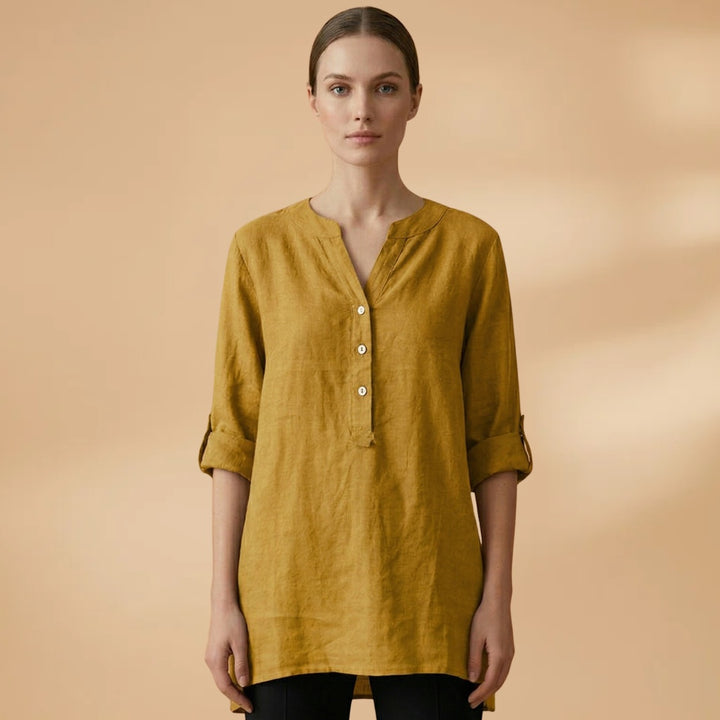 Fernanda | Blusa de Linho Decote V Mulher Manga Rolável