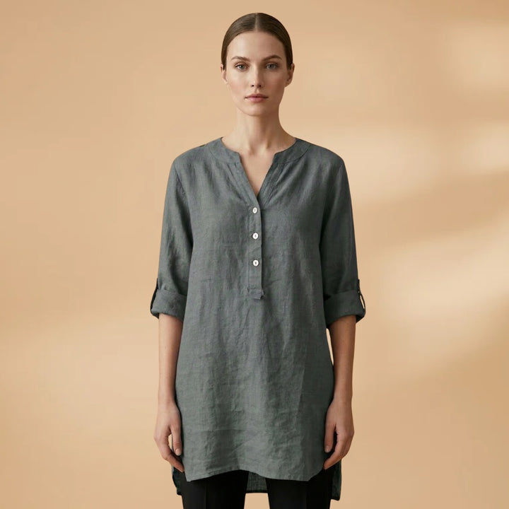 Fernanda | Blusa de Linho Decote V Mulher Manga Rolável