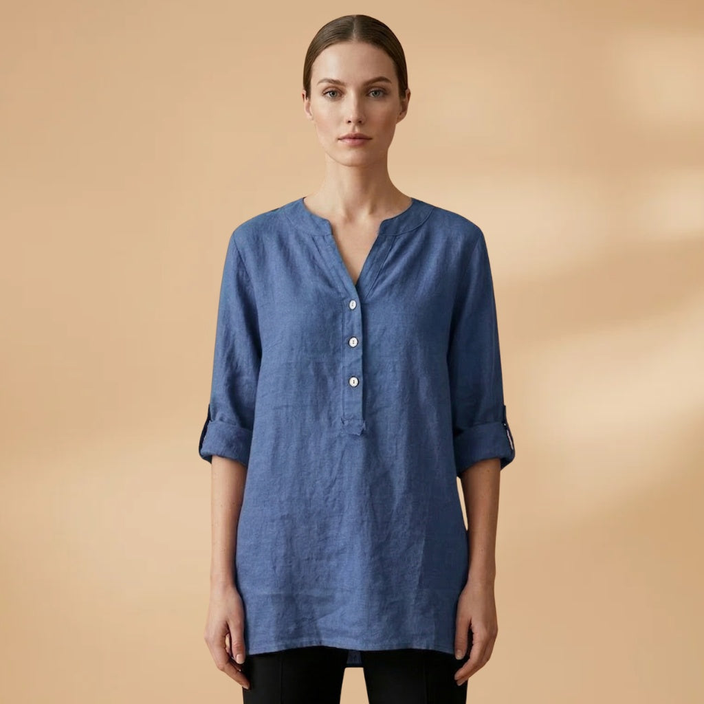 Fernanda | Blusa de Linho Decote V Mulher Manga Rolável