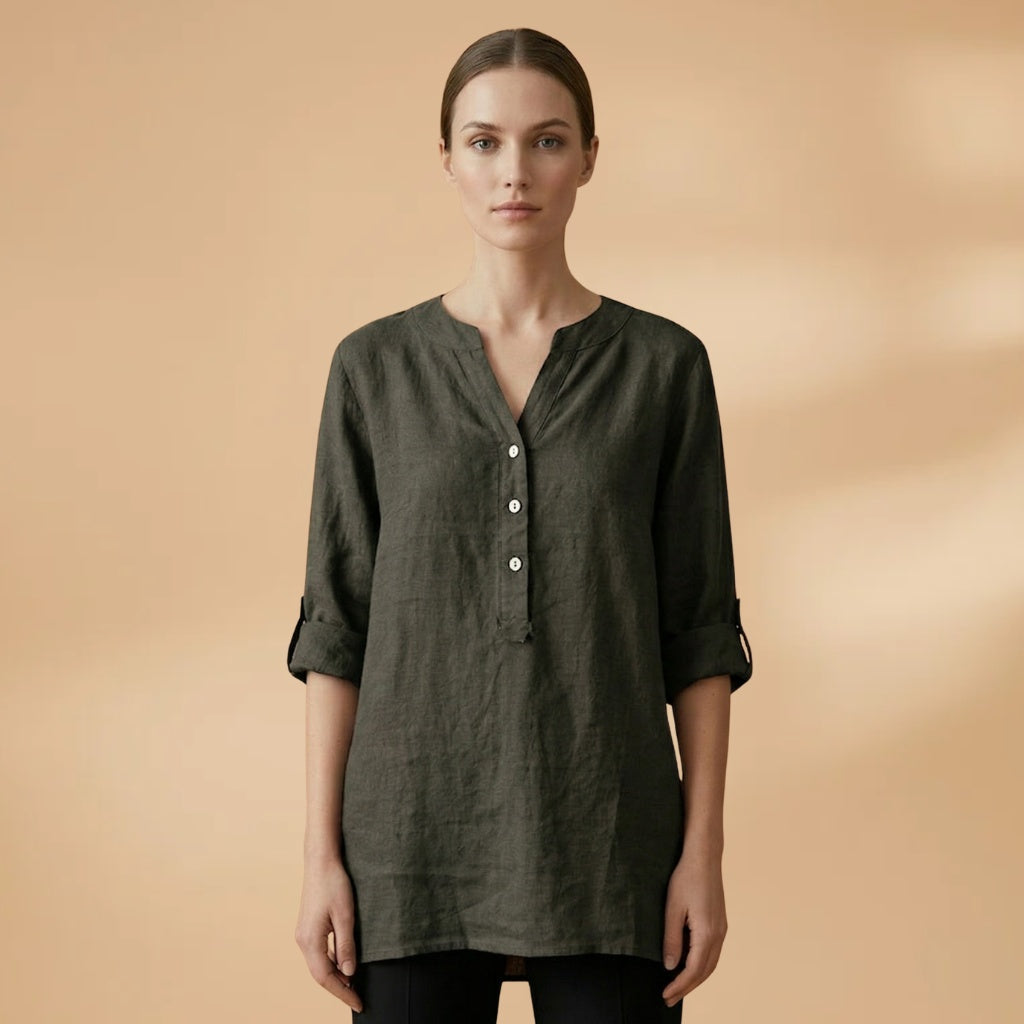 Fernanda | Blusa de Linho Decote V Mulher Manga Rolável