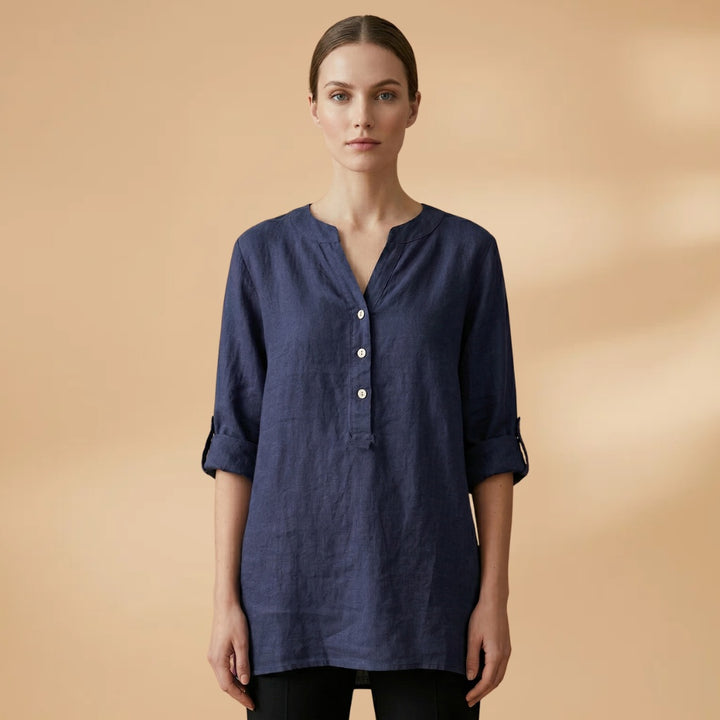 Fernanda | Blusa de Linho Decote V Mulher Manga Rolável