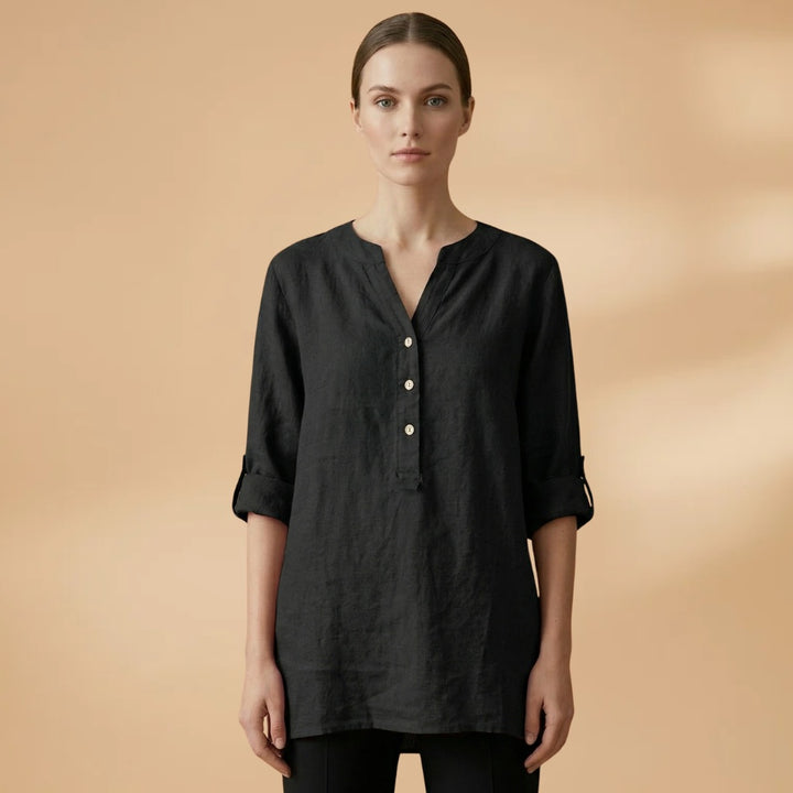 Fernanda | Blusa de Linho Decote V Mulher Manga Rolável