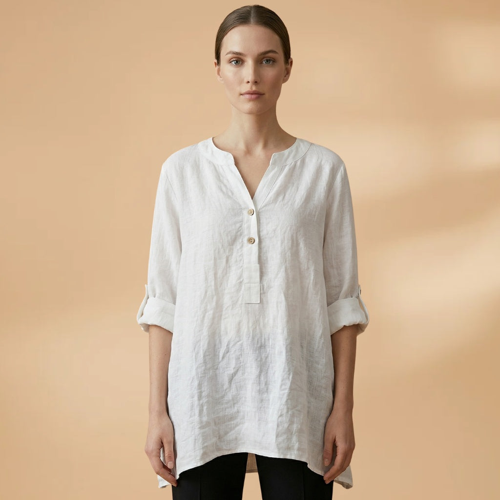 Fernanda | Blusa de Linho Decote V Mulher Manga Rolável