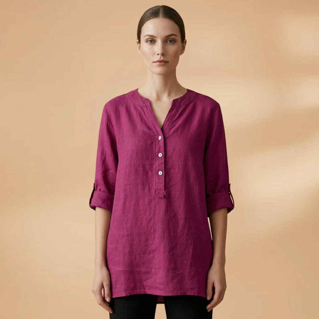 Fernanda | Blusa de Linho Decote V Mulher Manga Rolável