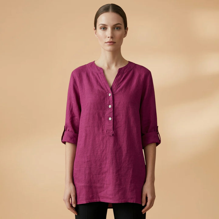 Fernanda | Blusa de Linho Decote V Mulher Manga Rolável