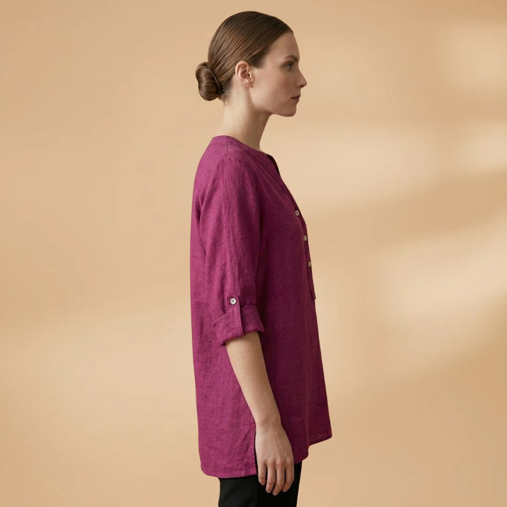 Fernanda | Blusa de Linho Decote V Mulher Manga Rolável