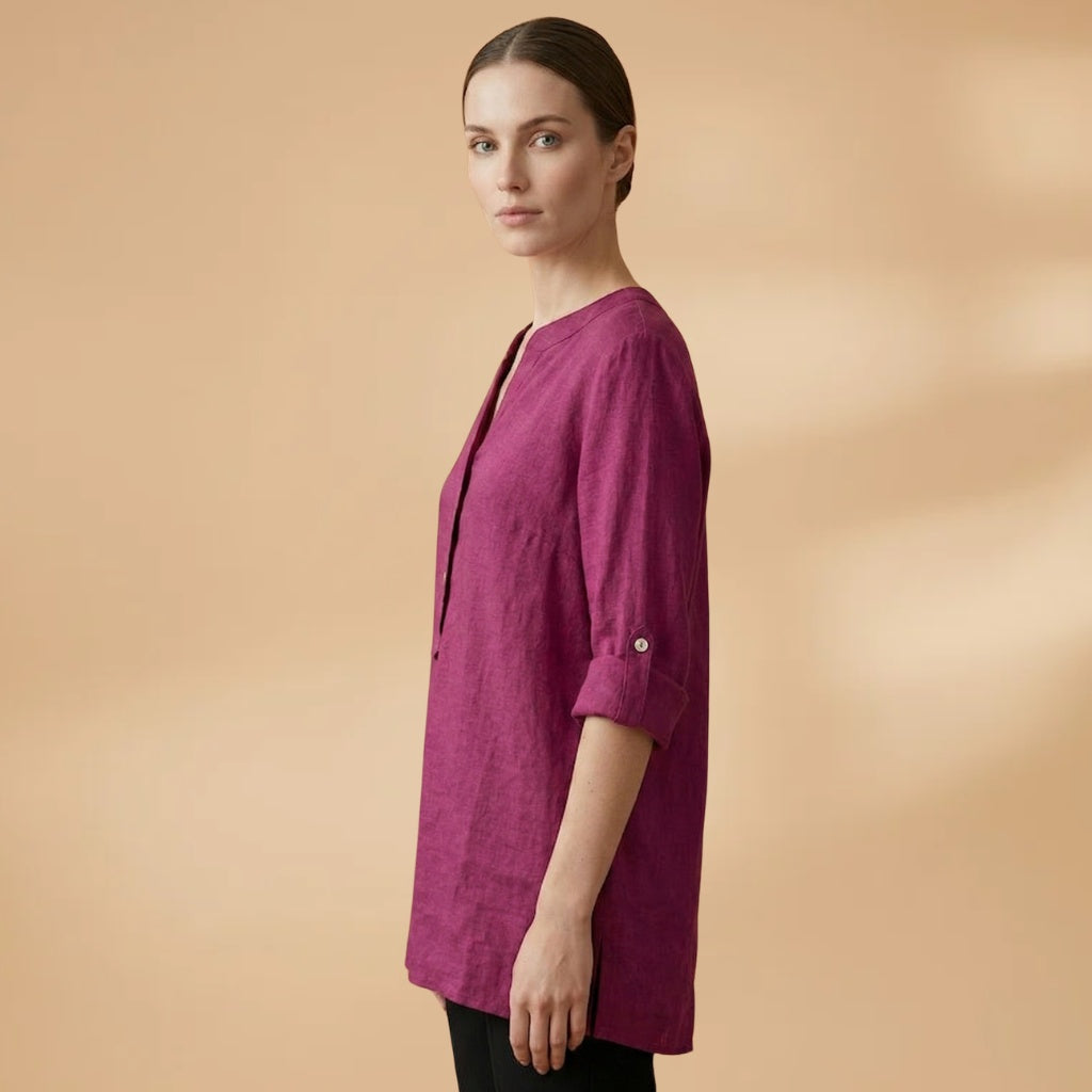 Fernanda | Blusa de Linho Decote V Mulher Manga Rolável