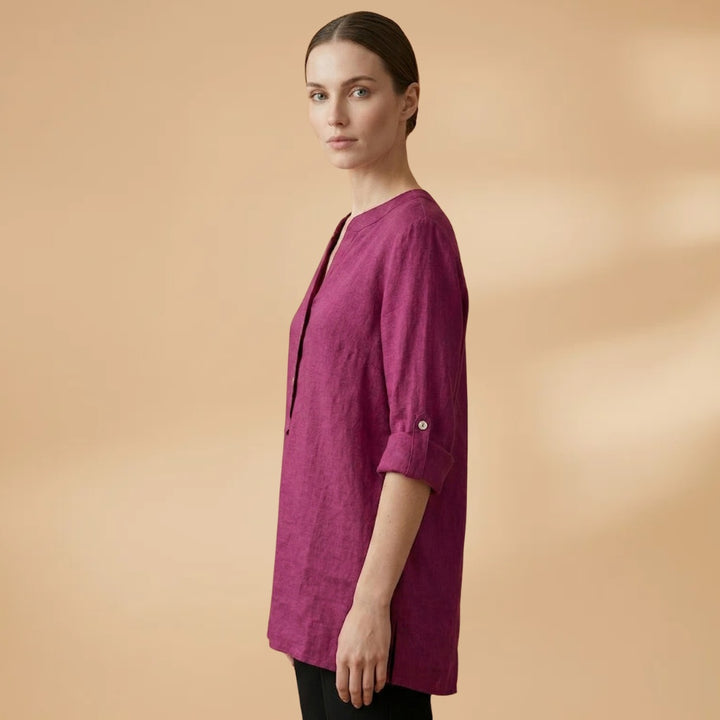 Fernanda | Blusa de Linho Decote V Mulher Manga Rolável