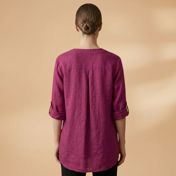 Fernanda | Blusa de Linho Decote V Mulher Manga Rolável