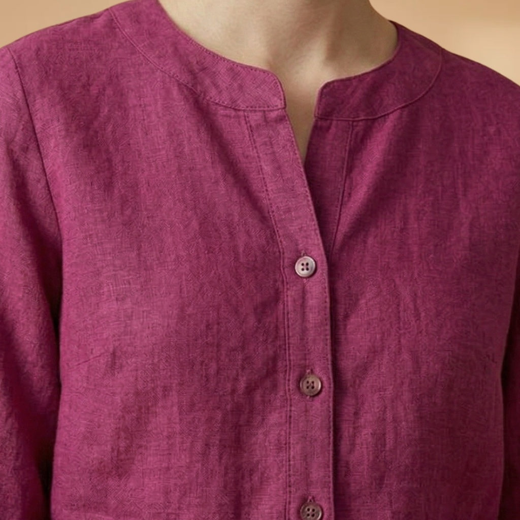 Fernanda | Blusa de Linho Decote V Mulher Manga Rolável