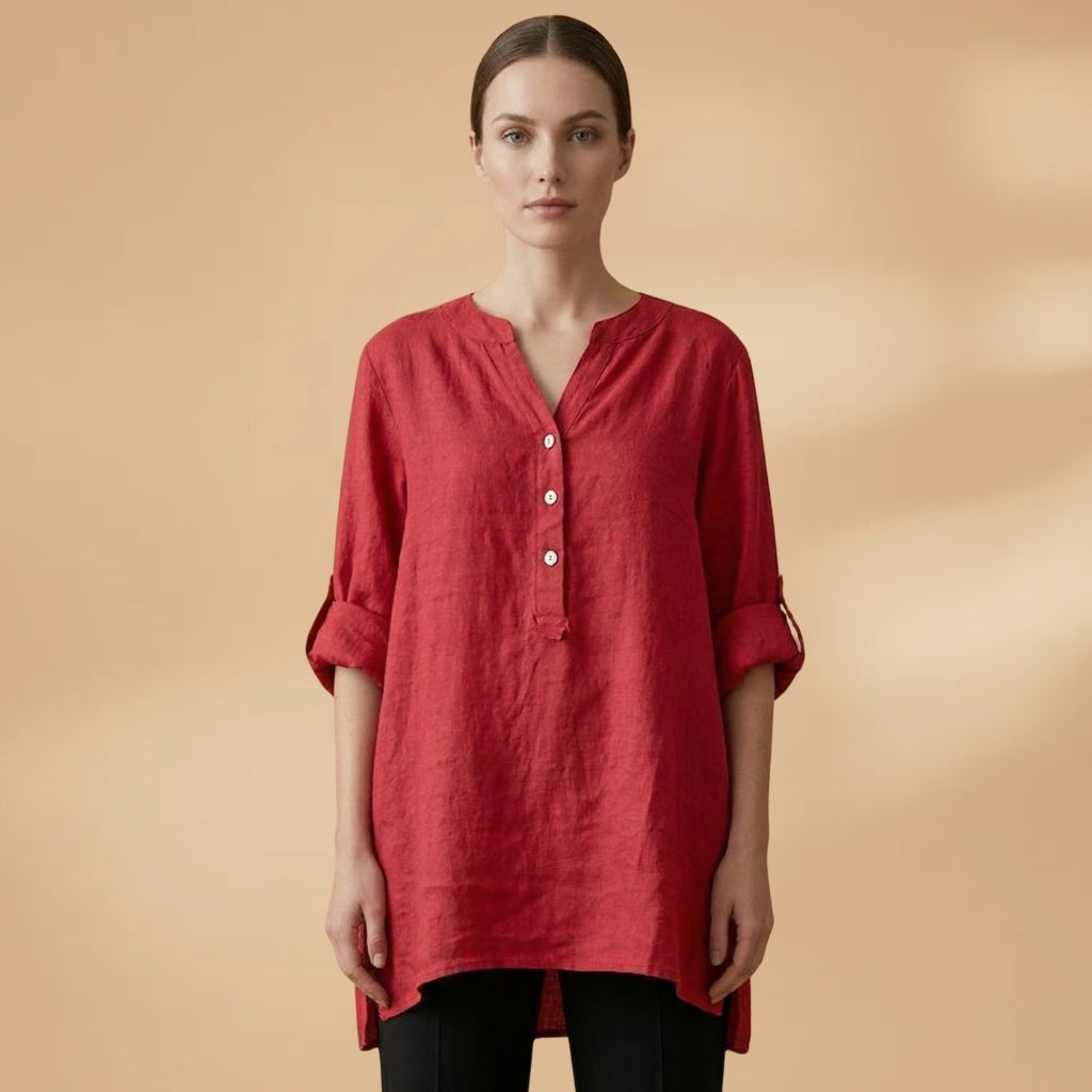 Fernanda | Blusa de Linho Decote V Mulher Manga Rolável