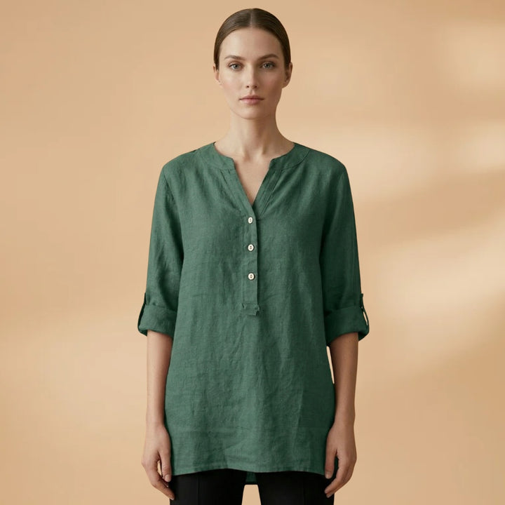 Fernanda | Blusa de Linho Decote V Mulher Manga Rolável