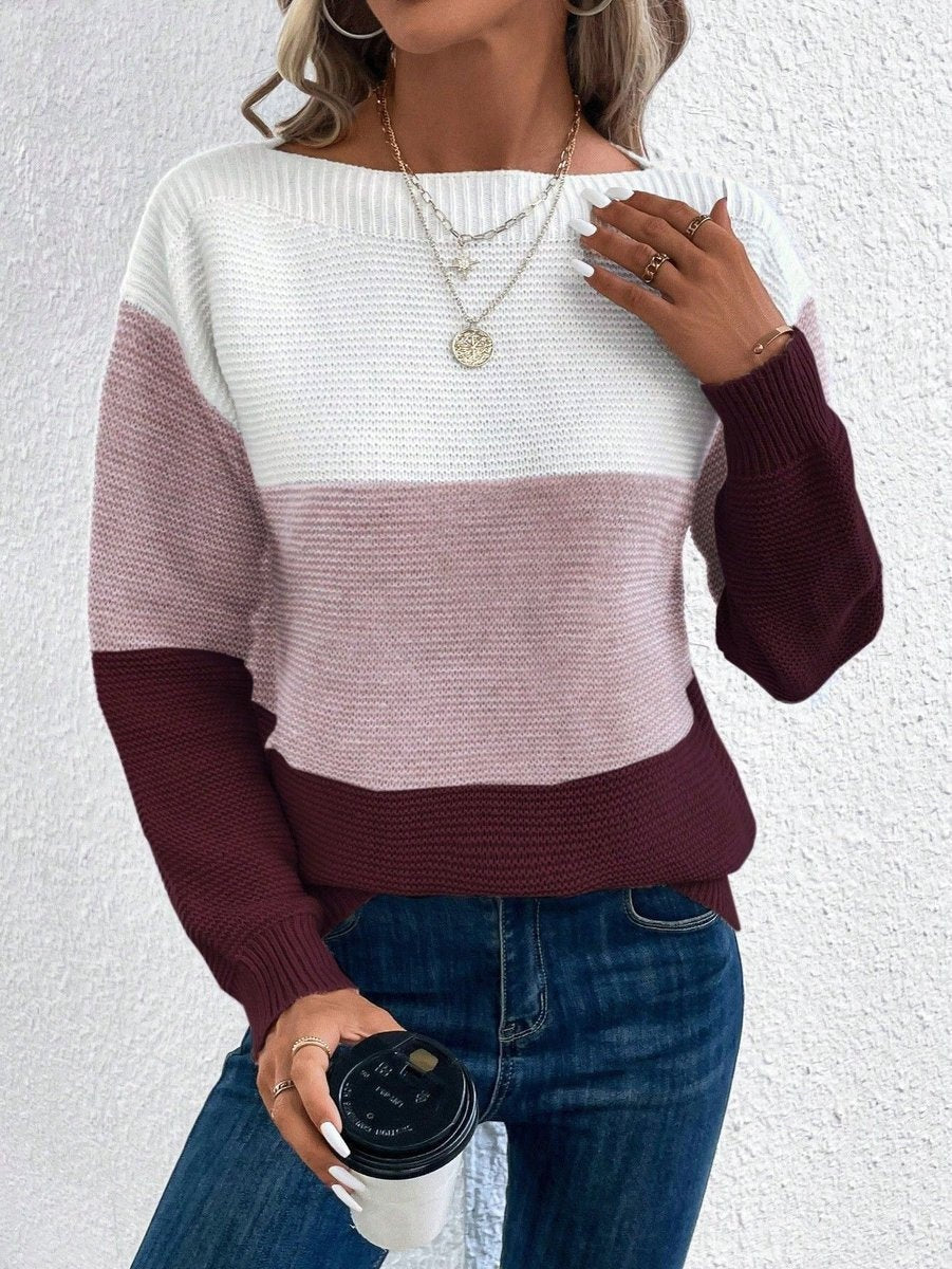 Fernanda | Camisola de Malha com Blocos de Cor Mulher Gola Redonda Manga Longa