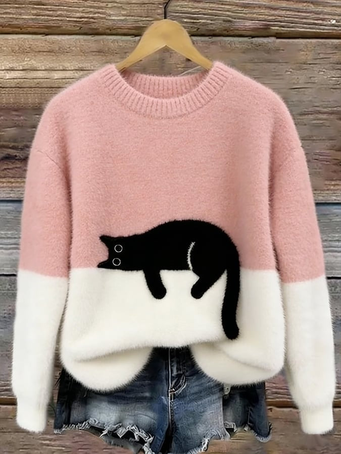 Filipa | Camisola de Malha Felpuda Mulher com Estampado de Gato