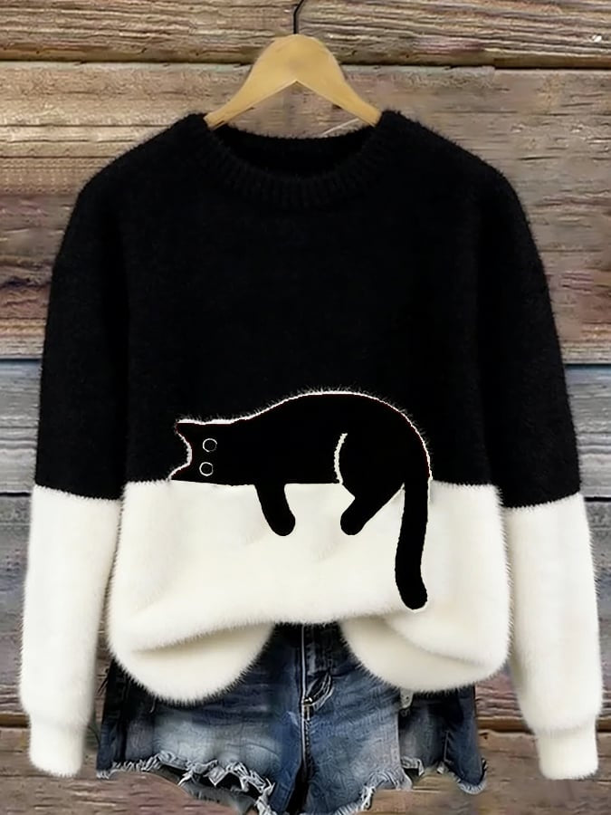 Filipa | Camisola de Malha Felpuda Mulher com Estampado de Gato