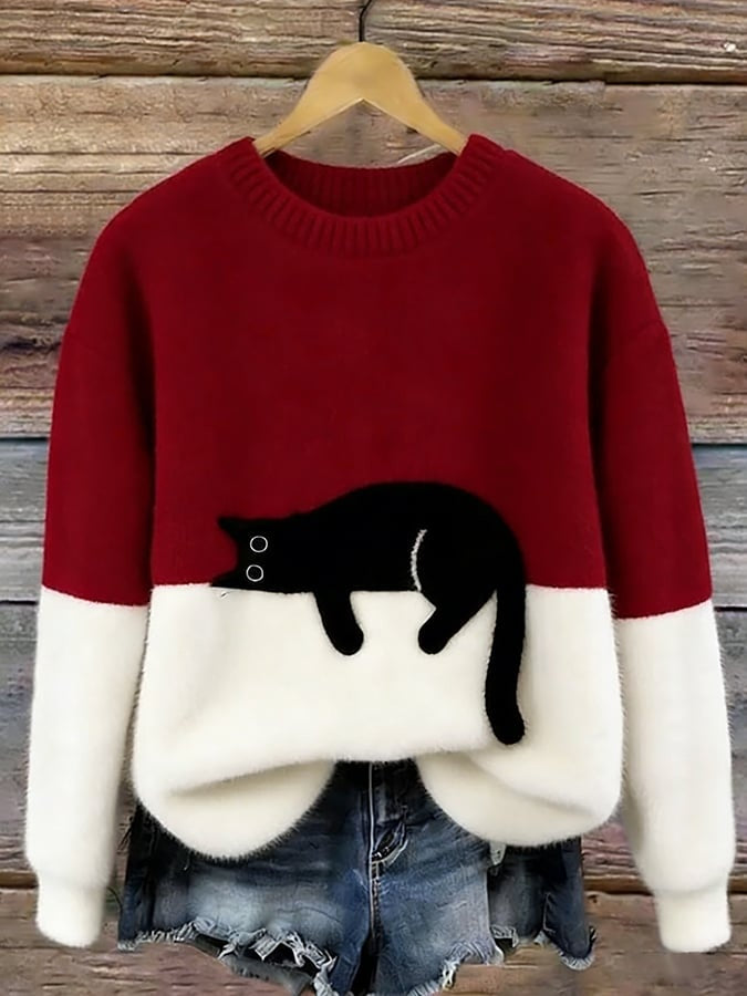 Filipa | Camisola de Malha Felpuda Mulher com Estampado de Gato