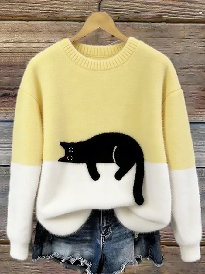 Filipa | Camisola de Malha Felpuda Mulher com Estampado de Gato