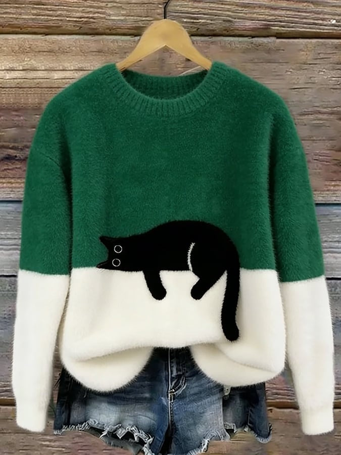 Filipa | Camisola de Malha Felpuda Mulher com Estampado de Gato