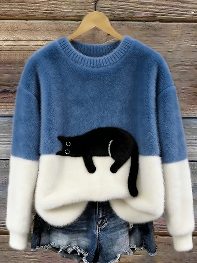 Filipa | Camisola de Malha Felpuda Mulher com Estampado de Gato