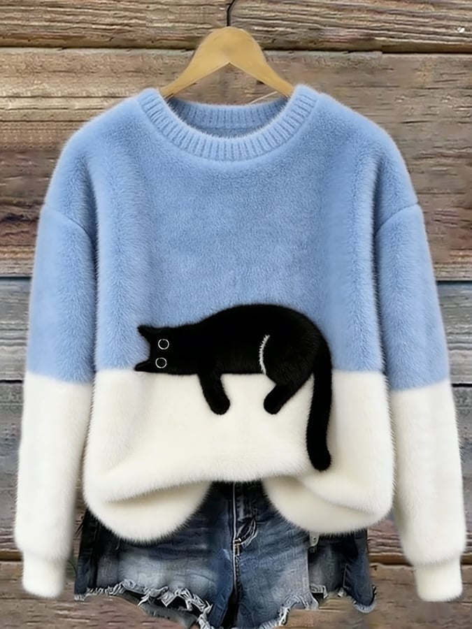 Filipa | Camisola de Malha Felpuda Mulher com Estampado de Gato