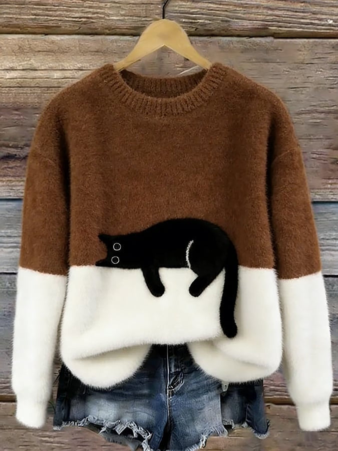Filipa | Camisola de Malha Felpuda Mulher com Estampado de Gato