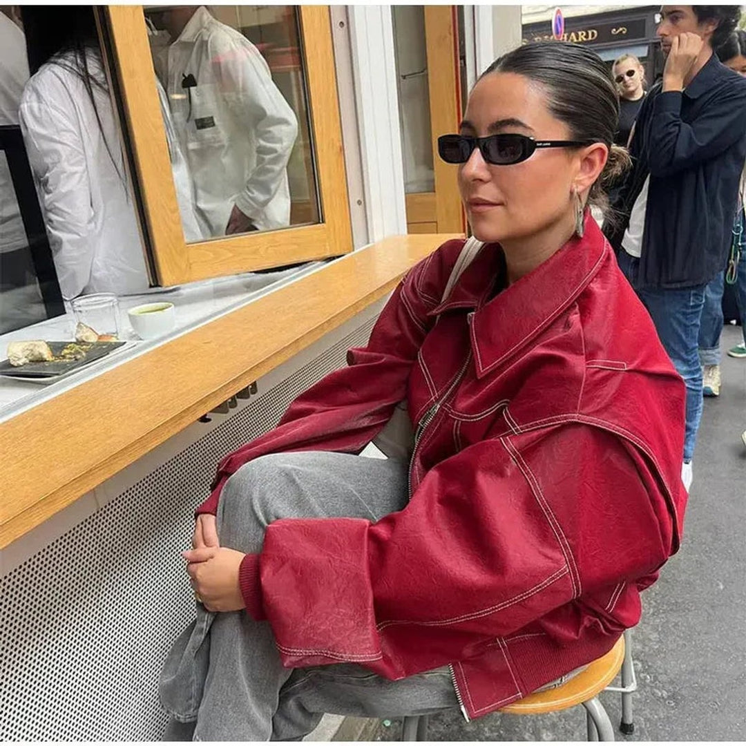 Francisca | Casaco Bomber de Couro Sintético Oversized Mulher Costuras em Contraste