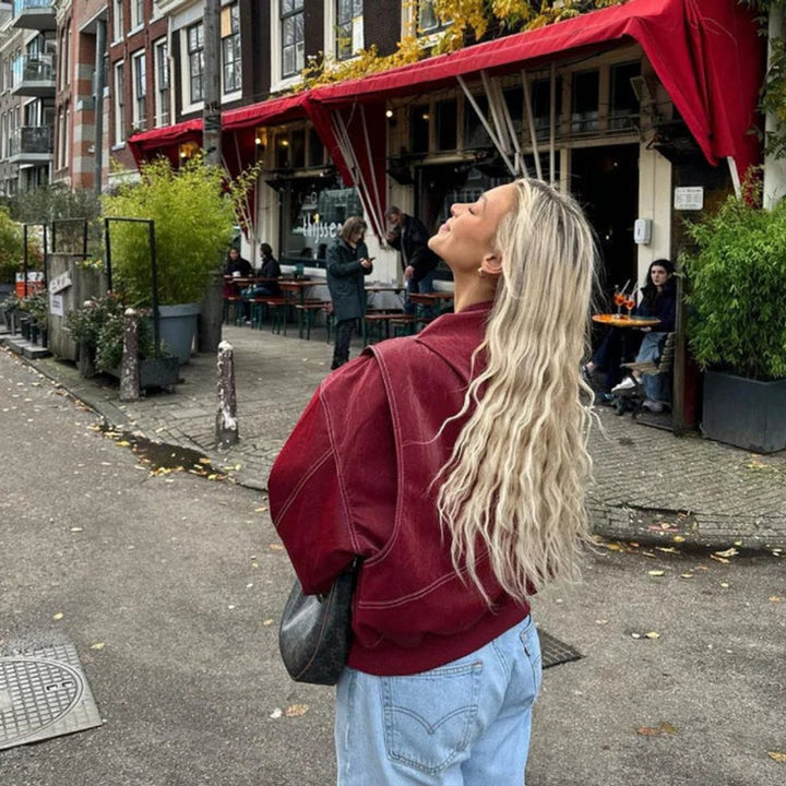 Francisca | Casaco Bomber de Couro Sintético Oversized Mulher Costuras em Contraste