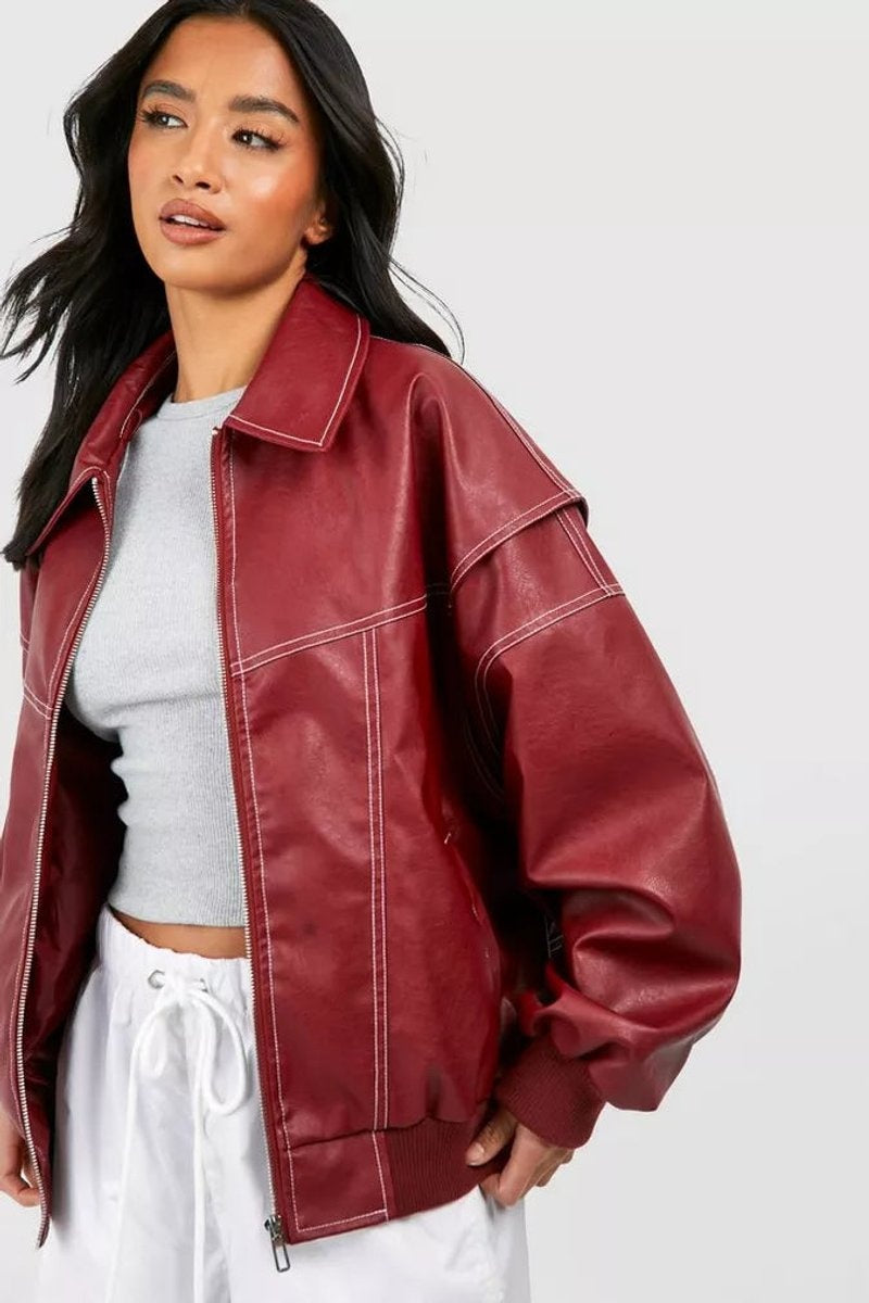 Francisca | Casaco Bomber de Couro Sintético Oversized Mulher Costuras em Contraste
