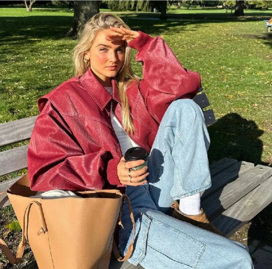 Francisca | Casaco Bomber de Couro Sintético Oversized Mulher Costuras em Contraste