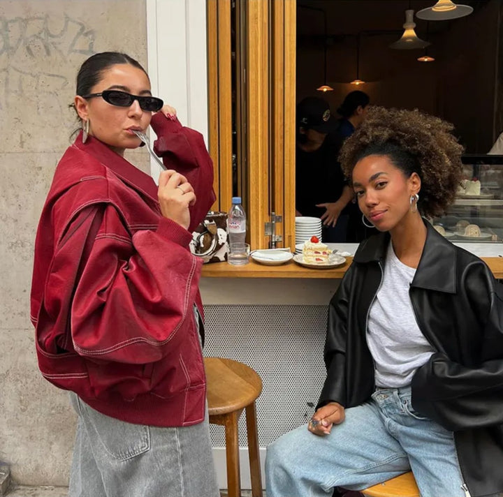 Francisca | Casaco Bomber de Couro Sintético Oversized Mulher Costuras em Contraste