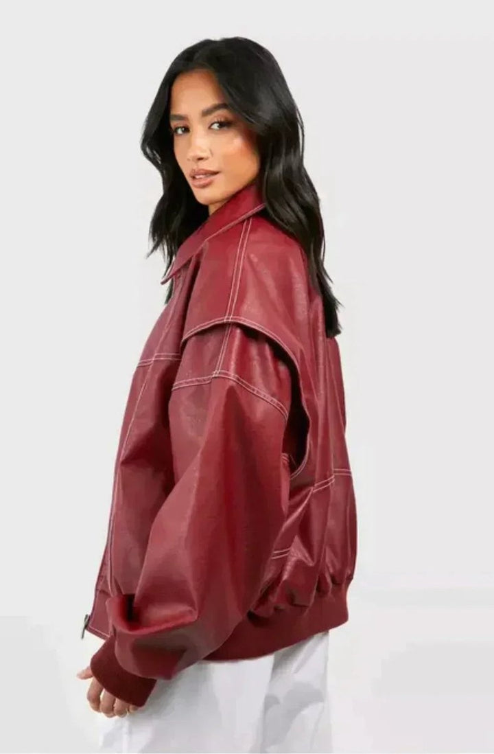Francisca | Casaco Bomber de Couro Sintético Oversized Mulher Costuras em Contraste