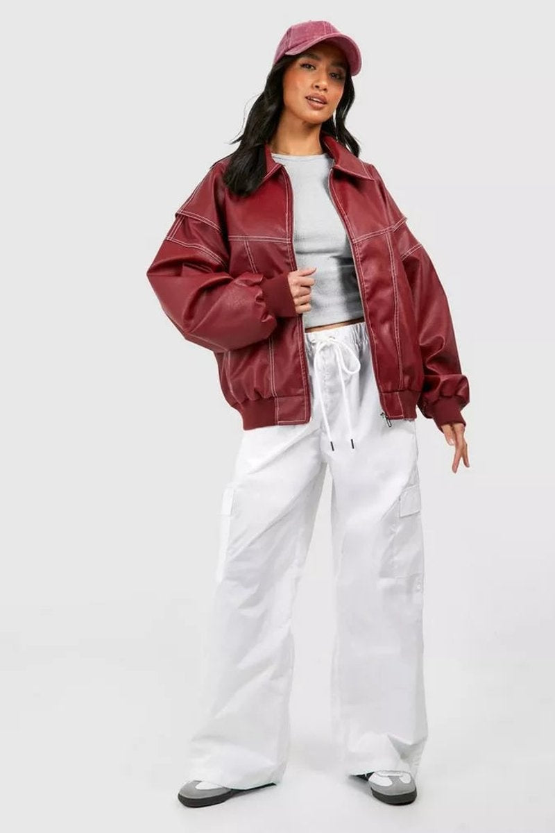 Francisca | Casaco Bomber de Couro Sintético Oversized Mulher Costuras em Contraste