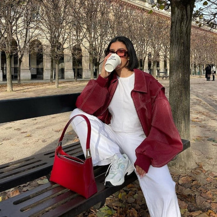 Francisca | Casaco Bomber de Couro Sintético Oversized Mulher Costuras em Contraste