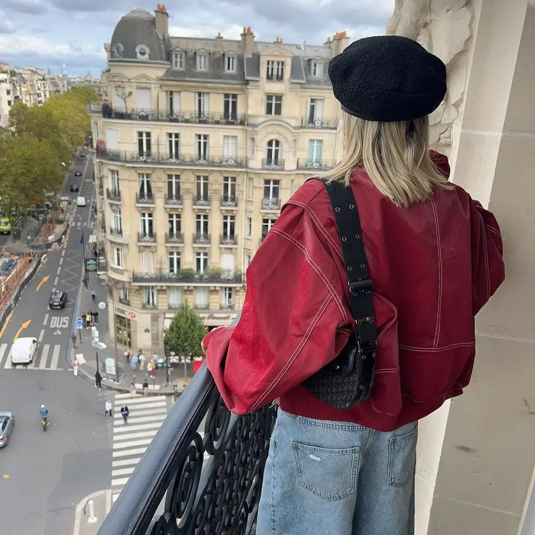 Francisca | Casaco Bomber de Couro Sintético Oversized Mulher Costuras em Contraste
