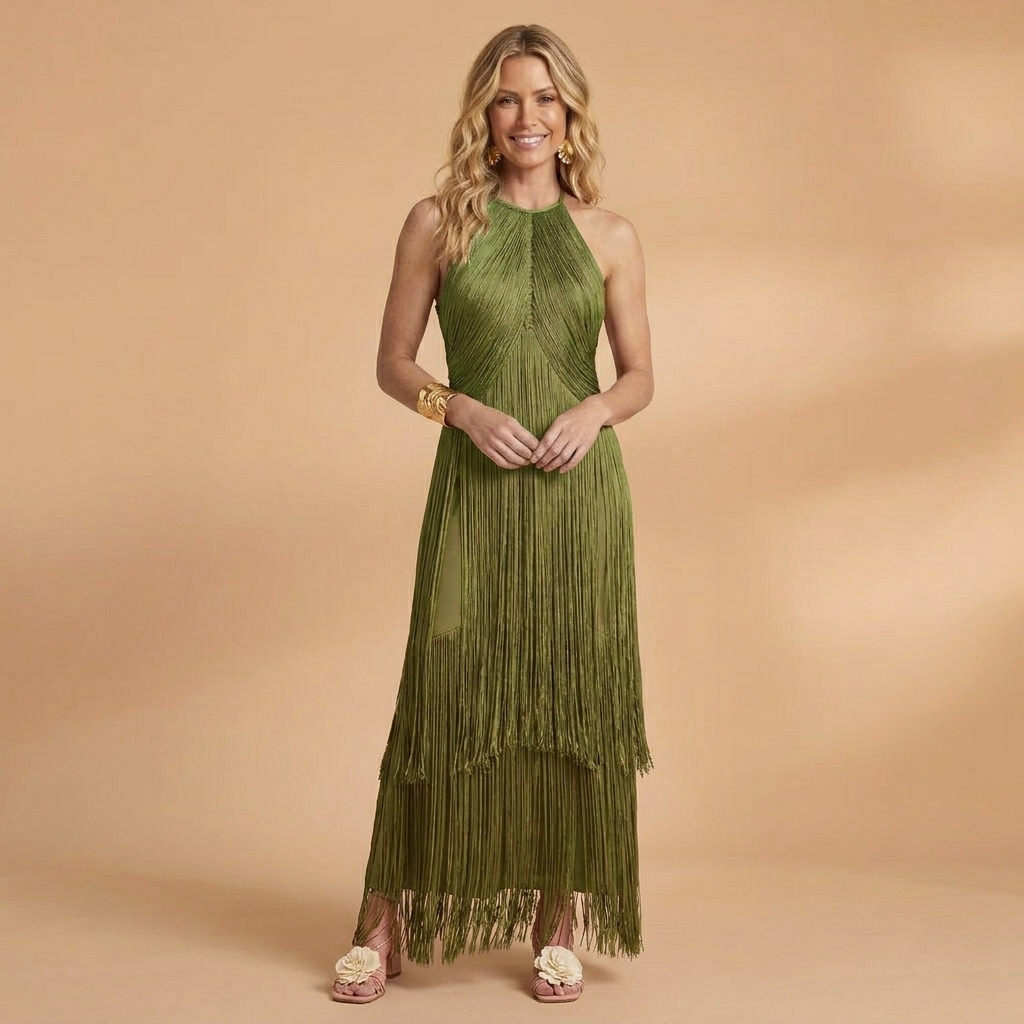 Francisca | Vestido Comprido de Festa Mulher Franjas Halter