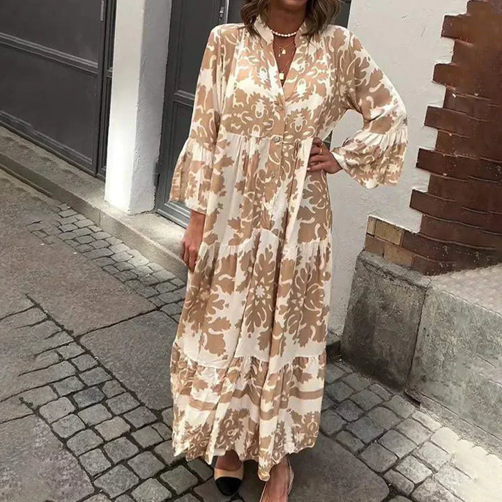 Francisca | Vestido Comprido Manga Comprida Estampado Boho Mulher Camiseiro
