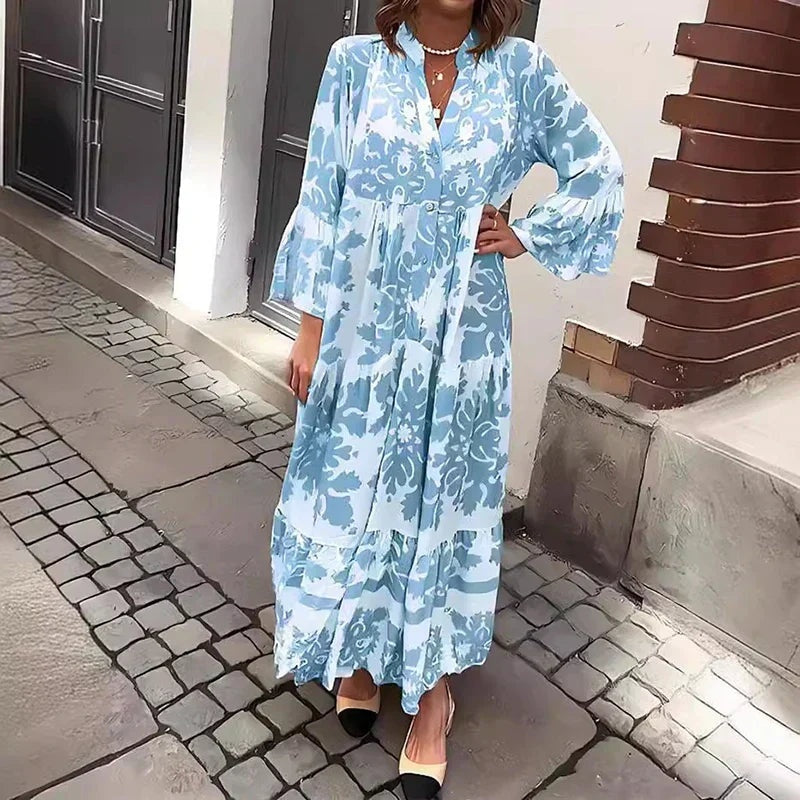 Francisca | Vestido Comprido Manga Comprida Estampado Boho Mulher Camiseiro