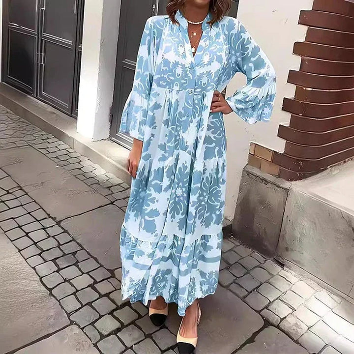 Francisca | Vestido Comprido Manga Comprida Estampado Boho Mulher Camiseiro