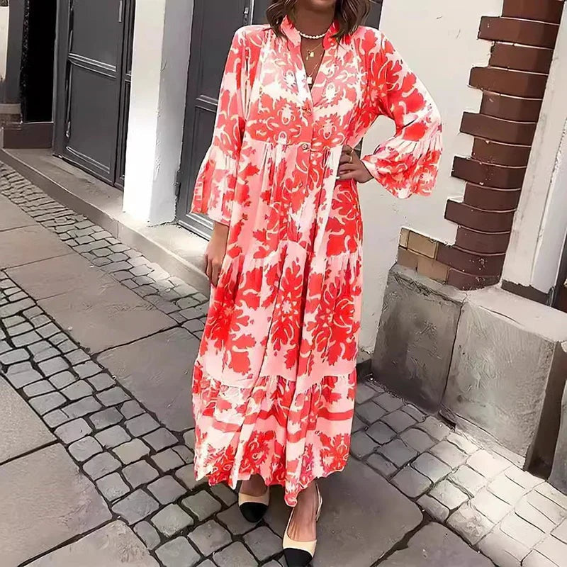 Francisca | Vestido Comprido Manga Comprida Estampado Boho Mulher Camiseiro