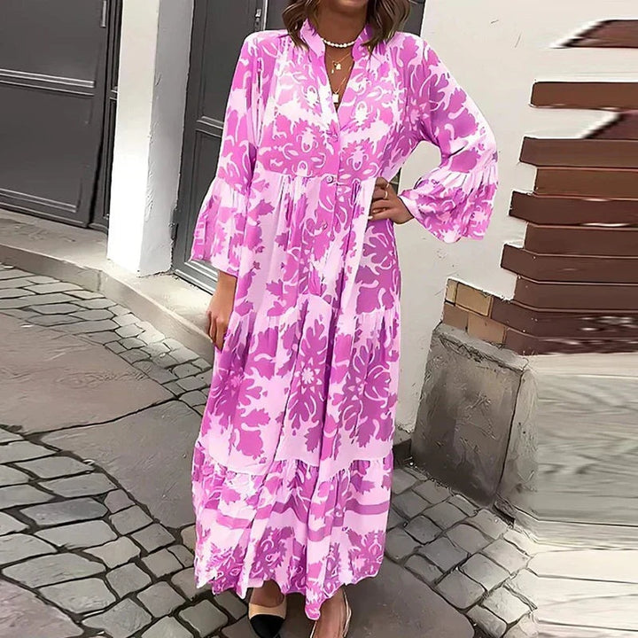 Francisca | Vestido Comprido Manga Comprida Estampado Boho Mulher Camiseiro