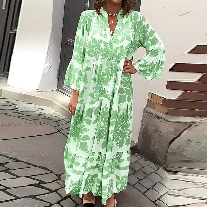 Francisca | Vestido Comprido Manga Comprida Estampado Boho Mulher Camiseiro