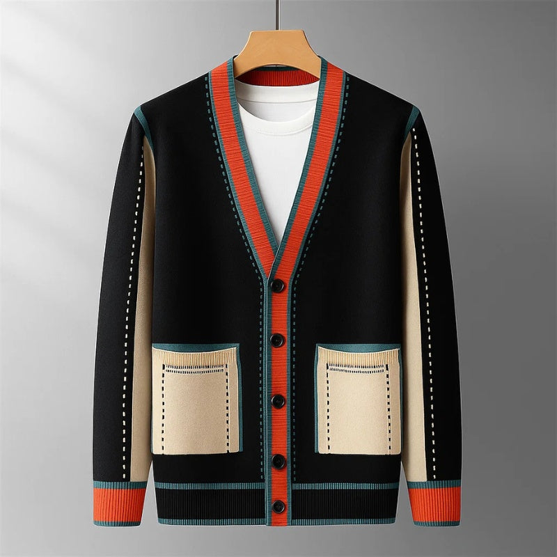 Gustavo | Cardigan Homem Decote V Blocos Contrastantes com Bolsos