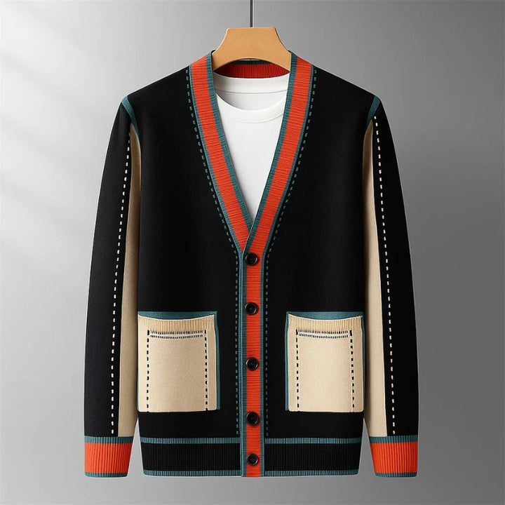 Gustavo | Cardigan Homem Decote V Blocos Contrastantes com Bolsos