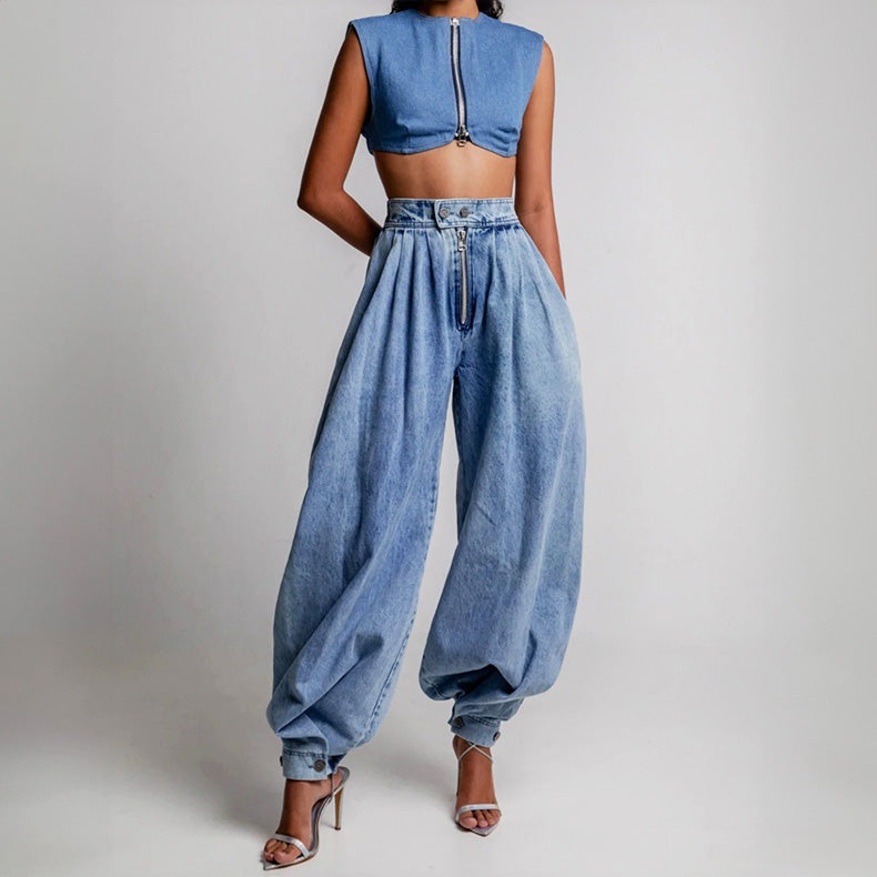 Helena | Jeans Balloon de Denim Cintura Alta Mulher Pregas